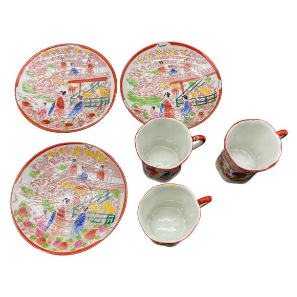 Vintage 1920s Geisha Painted Egg Shell Porcelain Set of 3 Cups & Saucers Japan - Picture 5 of 5